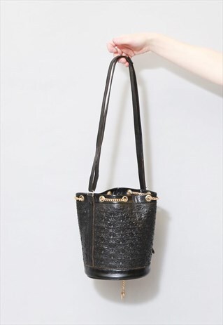 VINTAGE 1980'S BLACK LEATHER FLORAL SHOULDER BAG
