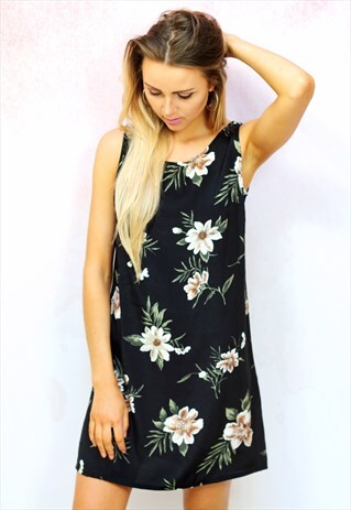 1990S VINTAGE BLACK AND CREAM TROPICAL MINI SHIFT DRESS