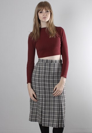 VINTAGE 80S GREY CHECK PLEAT PENCIL MIDI SKIRT