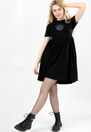 'APATHETIC' EMBROIDERY SMILEY SLOGAN PATCH BLACK SMOCK DRESS