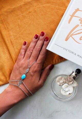 SILVER & TURQUOISE BEADED SLAVE CHAIN RING HAND BRACELET