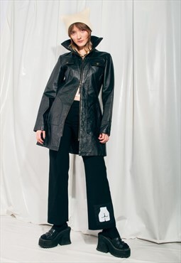 Vintage Leather Jacket 90s Slim Matrix Coat in Black