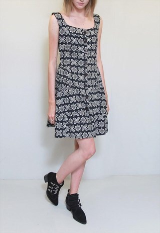 VINTAGE 1990'S NAVY TRIBAL PATTERNED BUTTON FRONT MINI DRESS