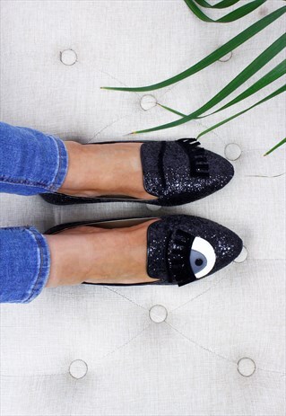 BLACK WINK FACE GLITTER SLIP ON POINTED PUMP SHOES