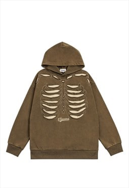 Skeleton hoodie bones pullover old wash punk jumper in brown