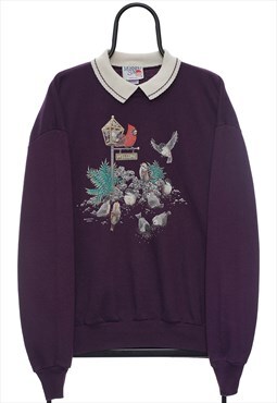 Vintage 90s Birds Graphic Purple Collared Sweatshirt Mens