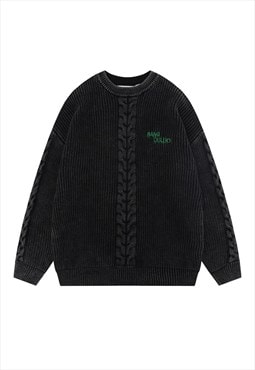 Distress sweater knitted cable jumper ripped Y2K top black