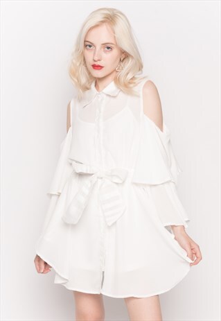 COLD SHOULDER SHIRT WITH FLARED SLEEVES AND MESH BACK WHITE