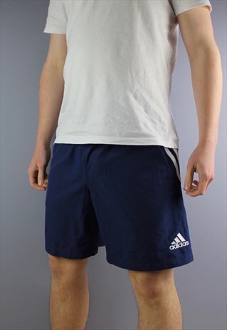 VINTAGE ADIDAS SHORTS IN NAVY WITH POCKETS, EMBROIDERED LOGO