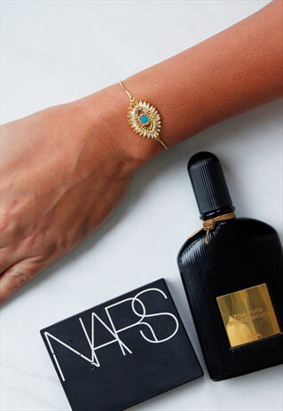 GOLD TURQUOISE BLUE EVIL EYE BAGUETTE DIAMANTE BRACELET