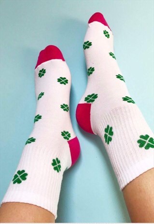 FUNNY SOCKS WITH GREEN 4 LEAFS CLOVER FOR LUCK