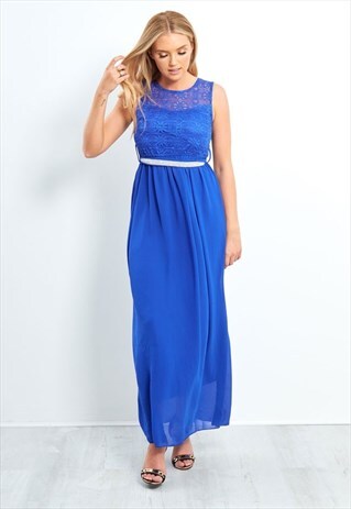 BLUE LACE DETAIL DIAMANTE BELT MAXI DRESS