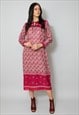 70'S VINTAGE INDIAN COTTON LONG SLEEVE MIDI DRESS RED
