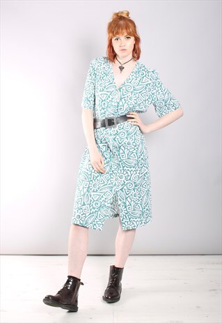 VINTAGE 80S CRAZY PATTERNED BUTTON MIDI DRESS