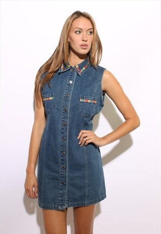 VINTAGE 90S DENIM MINI DRESS MULTICOLOR TRIM BLUE JEANS M-L