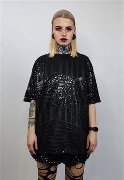 Black sequin t-shirt glitter top sparkle geometric jumper