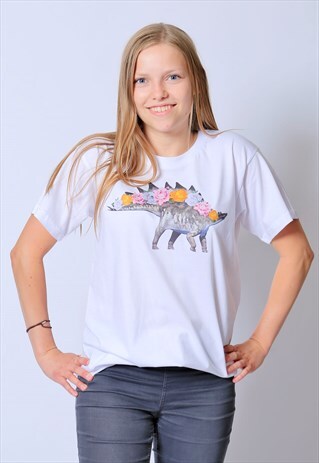 DINOSAUR STEGOSAURUS ROSES WHITE T-SHIRT
