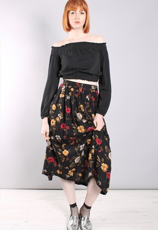 VINTAGE 80S FLORAL PATTERNED PLEAT FRONT MIDI SKIRT