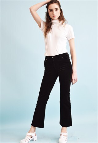 90'S RETRO CORDUROY BLACK REGULAR WAIST FLARE TROUSERS