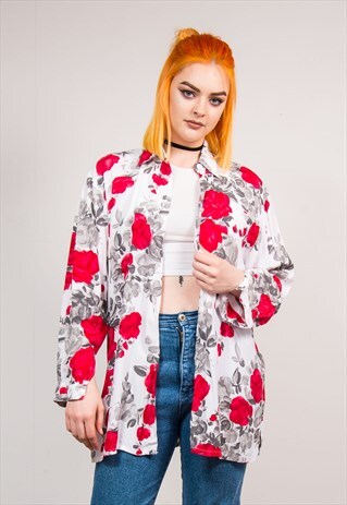 90'S VINTAGE RED ROSE FLOWER OVERSIZE SHIRT