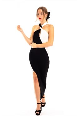 Soft Knitted Ribbed Midi Bodycon twist neck Dress In black