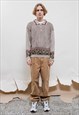 VINTAGE 80S NORDIC HALF BUTTON GEOMETRIC KNIT JUMPER MEN M