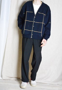Vintage 90s Navy Blue Striped Wool Blend Cardigan Jacket