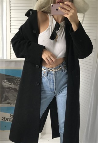 VINTAGE 90S REAL WOOL LONG BLACK JACKET BY ST MICHAEL