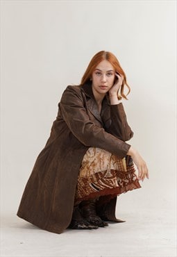 Vintage 90s Grunge Button Up Brown Real Leather Midi Coat M