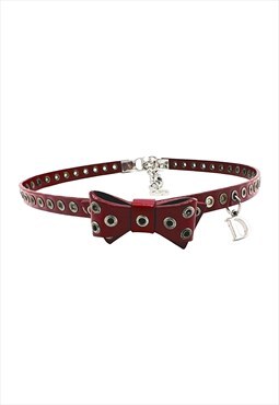 Christian Dior Choker Necklace Leather Bow Stud Red Silver