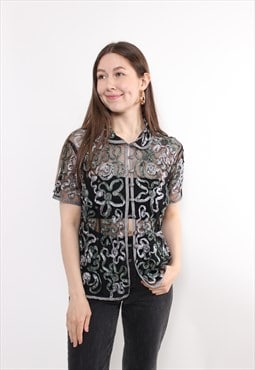 90s black transparent blouse, vintage flowers embroidery top