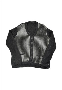 Vintage Knitted Cardigan Retro Pattern Grey Ladies Medium