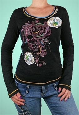 VARNO Vintage Y2K Top Long-sleeve Blouse Face embroidery