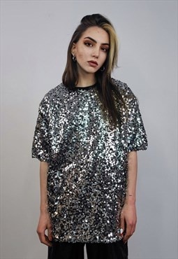 Silver sequin t-shirt glitter top sparkle jumper embellished