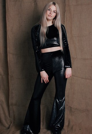BLACK GLITTER VELVET CO-ORD SET WITH FLARES AND BELL SLEEVE