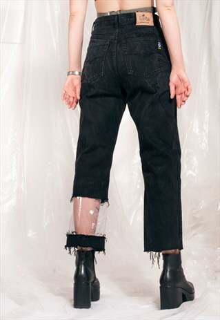 VINTAGE JEANS 90S REWORKED CLEAR PVC PANEL DENIM TROUSERS