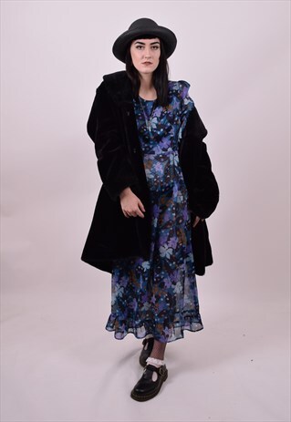 VINTAGE 70'S BLUE FLOWER PRINT DRESS SIZE 10 12 14