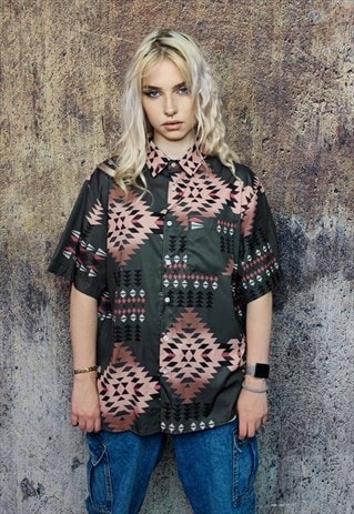 AZTEC SHIRT SHORT SLEEVE NATIVE AMERICAN TOP RETRO BLOUSE