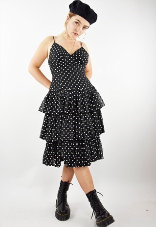 VINTAGE 80S RUFFLE POLKA DOT PARTY FESTIVAL DRESS