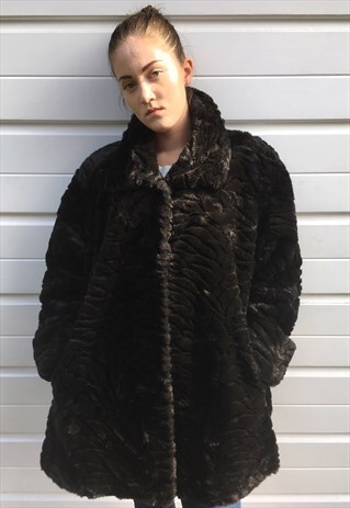 WOMENS VINTAGE DARK BROWN MIDI FLOATY FLUFFY FAUX FUR COAT