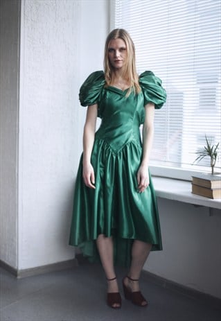VINTAGE 60'S MIDI GREEN PUFF SLEEVE DRESS