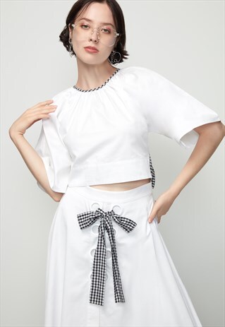 CHECKERED TRIM OPEN BACK BLOUSE