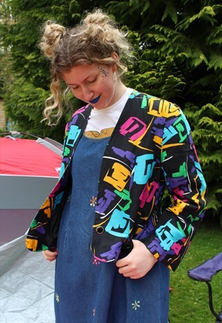 VINTAGE 80'S BLACK RAINBOW FESTIVAL GEOMETRIC JACKET