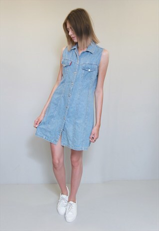 VINTAGE 1990'S LIGHT WASH BLUE DENIM MIDI BUTTON FRONT DRESS