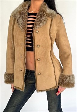 Vintage y2k Lakeland Tan Suede & Faux Fur Afghan Jacket