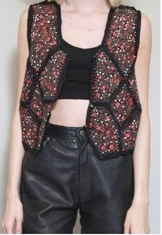 VINTAGE 1970'S BLACK & RED SUEDE FLORAL PATCHWORK WAISTCOAT