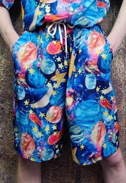 Space shorts night sky print crop board overalls in blue