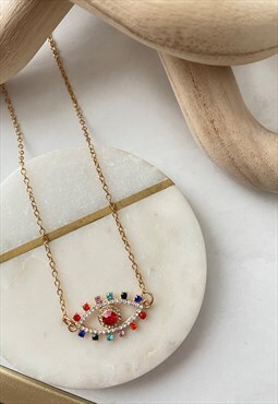 Gold Diamante Rainbow Evil Eye Dainty Pendant Necklace