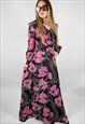 70'S VINTAGE BLACK PINK FLORAL LONG SLEEVE RUFFLE MAXI DRESS