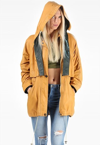 YELLOW LEATHER PARKA JACKET HOODED
